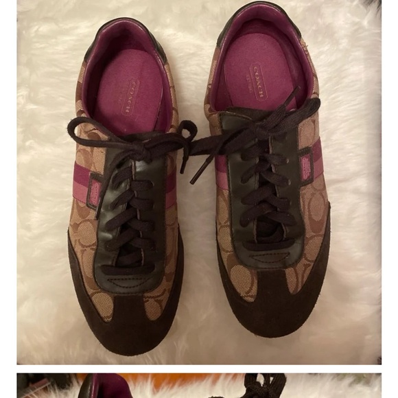 Coach fashion sneakers sz 10 brown purple, pink, tan, logo canvas, leather - Picture 3 of 5